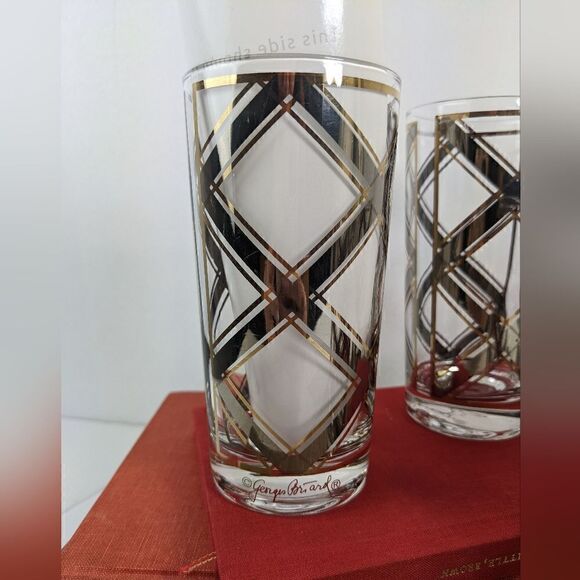 Georges Briard Silver and gold plaid criss cross tumblers collins glasses cockta - Picture 7 of 7